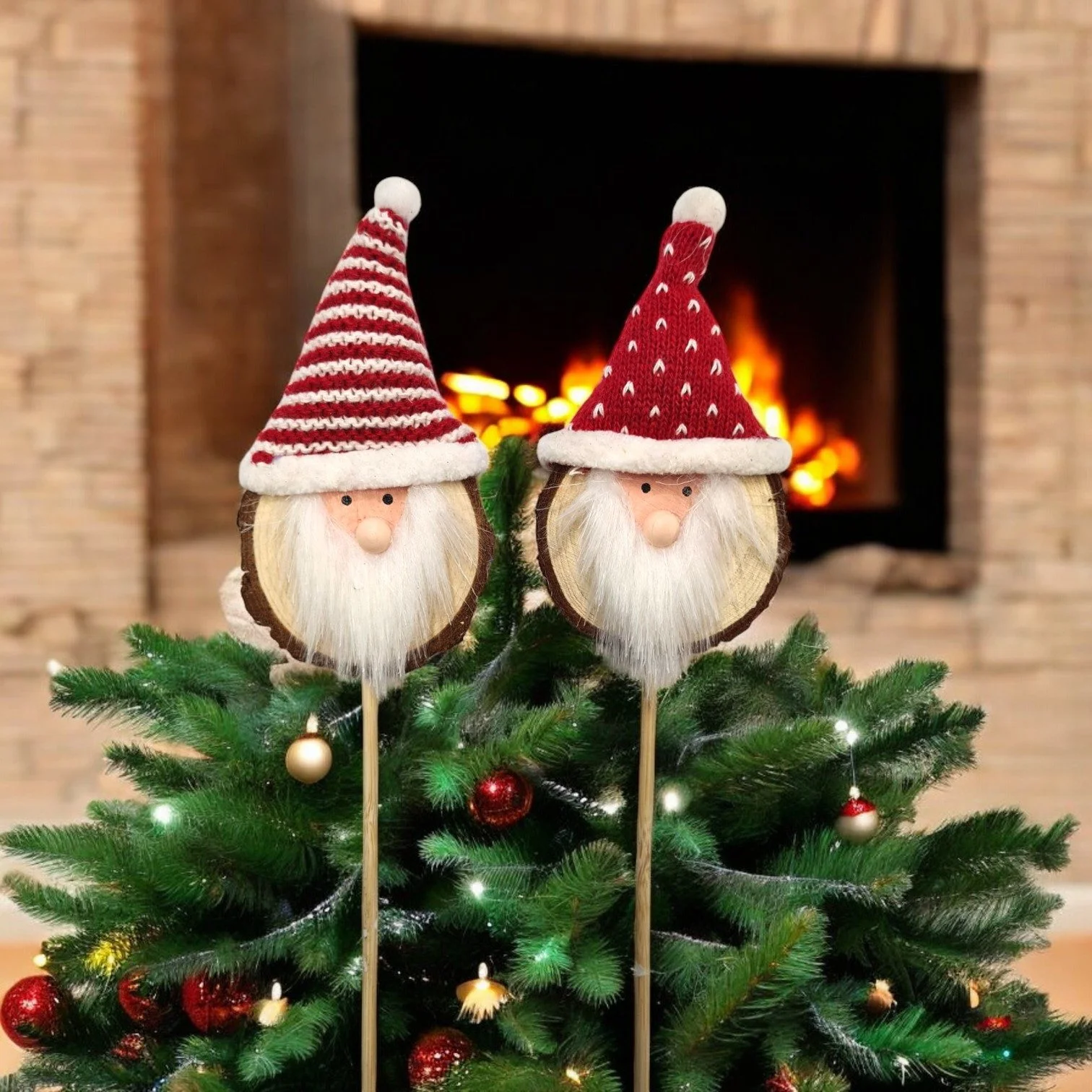 Dekostecker Nikolaus – 2er-Set, Holz & Wolle, Rot/Weiß